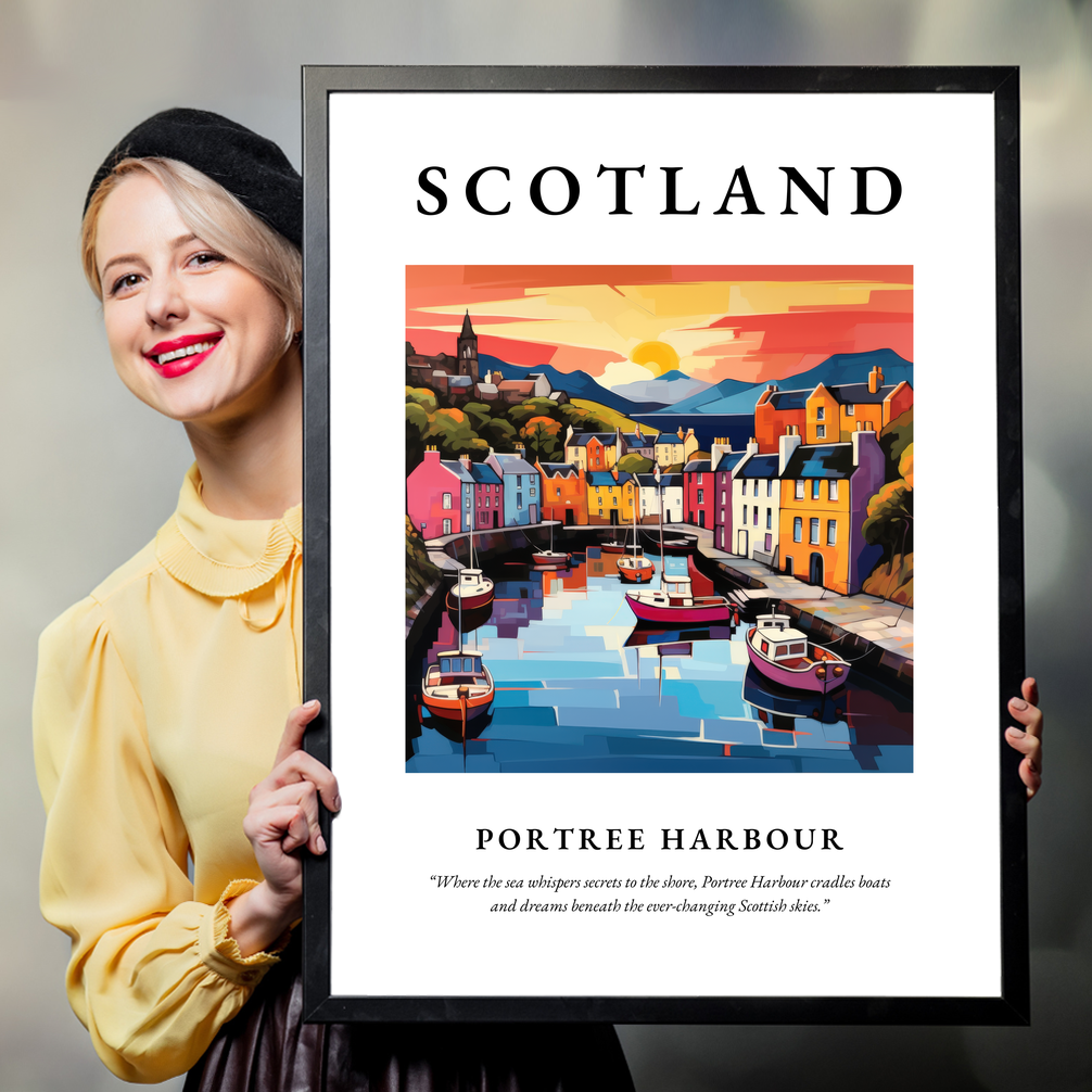 Person holding a poster of Portree Harbour