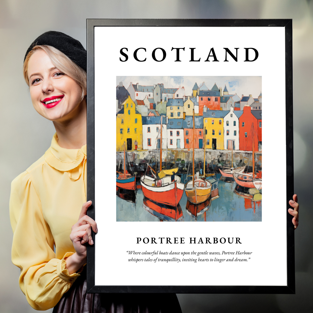 Person holding a poster of Portree Harbour