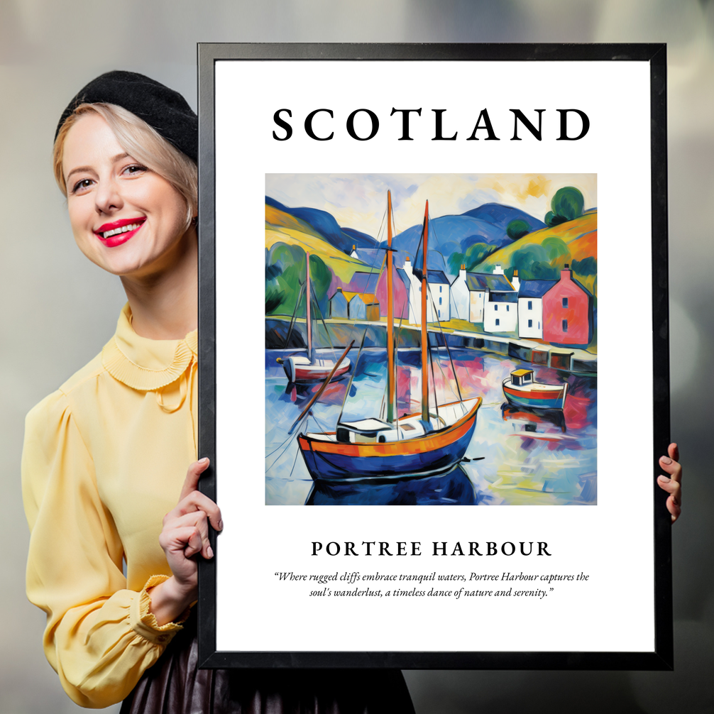 Person holding a poster of Portree Harbour