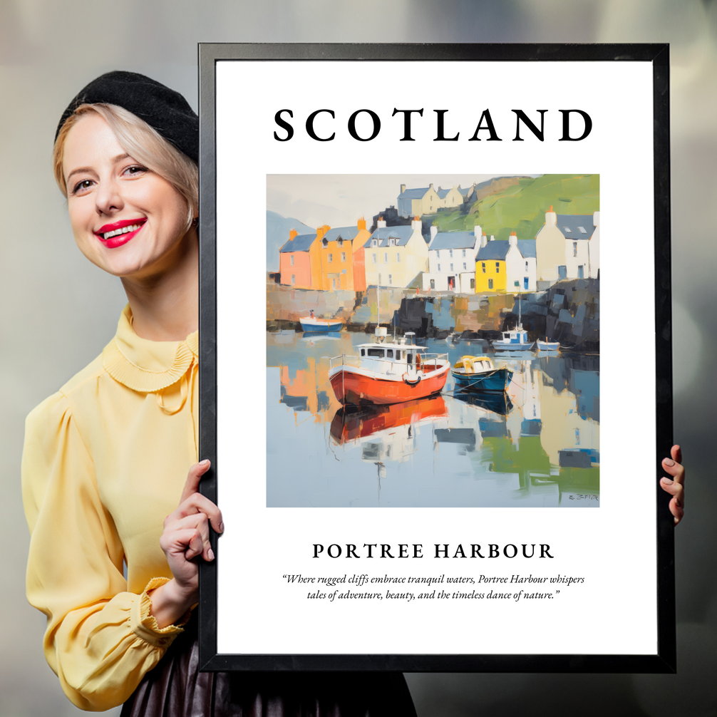 Person holding a poster of Portree Harbour