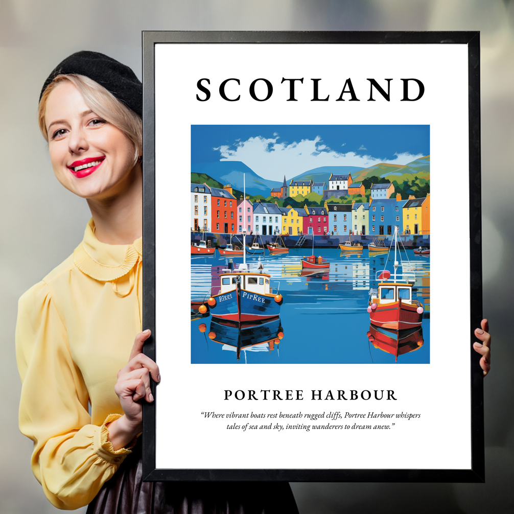 Person holding a poster of Portree Harbour