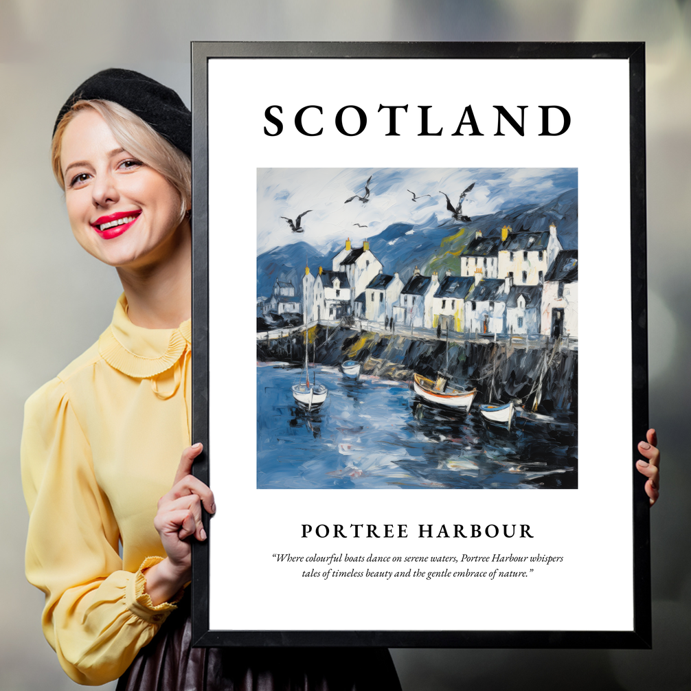 Person holding a poster of Portree Harbour