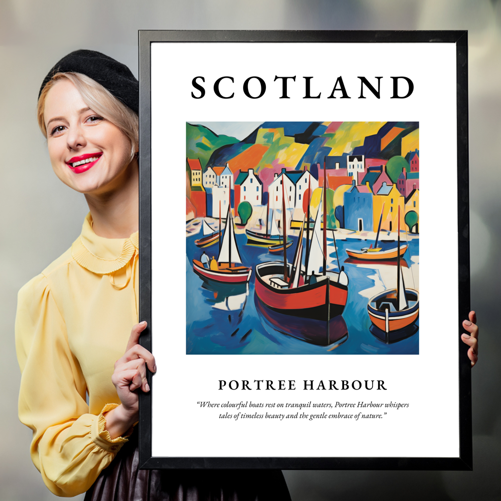 Person holding a poster of Portree Harbour