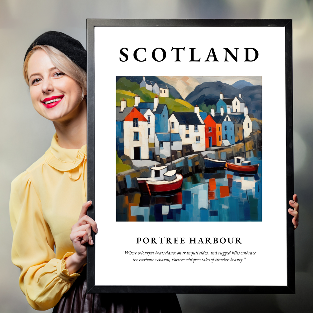 Person holding a poster of Portree Harbour