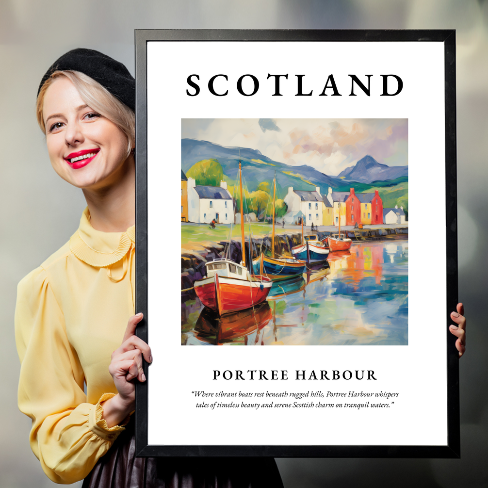 Person holding a poster of Portree Harbour