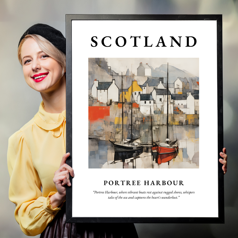 Person holding a poster of Portree Harbour