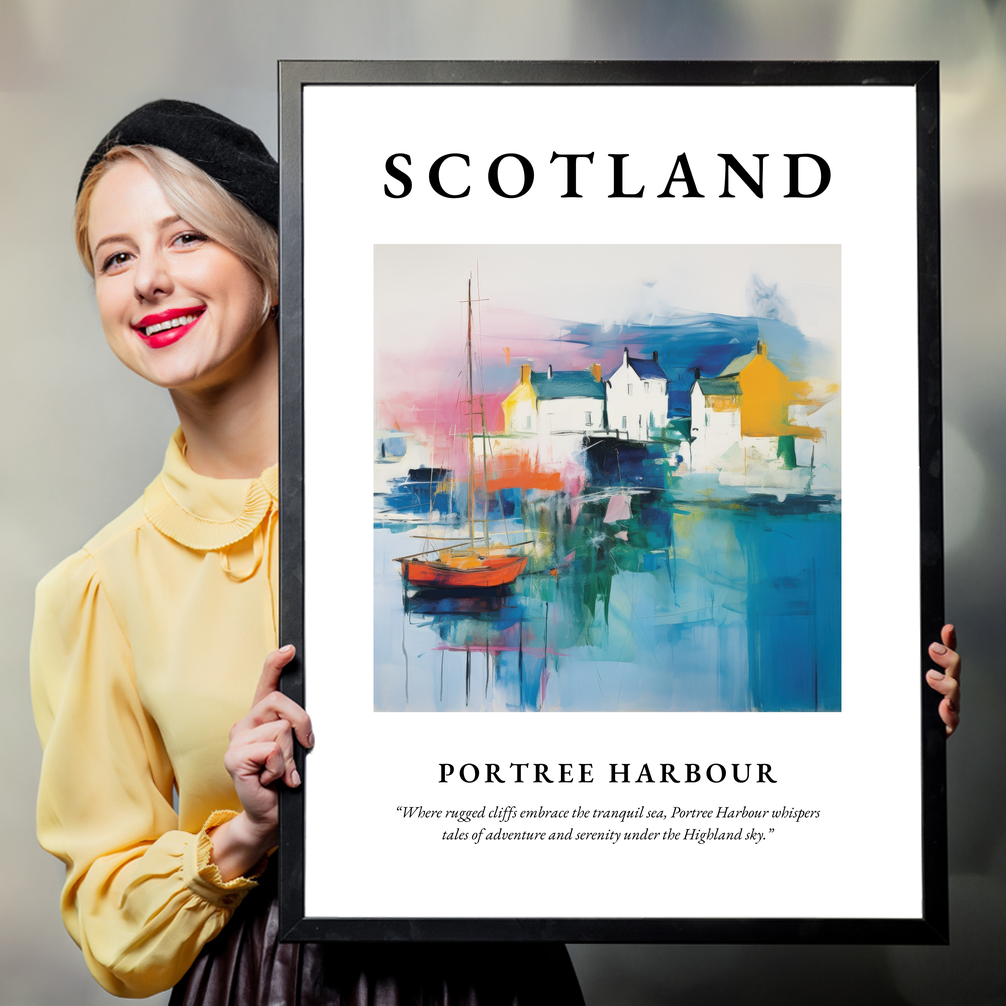 Person holding a poster of Portree Harbour