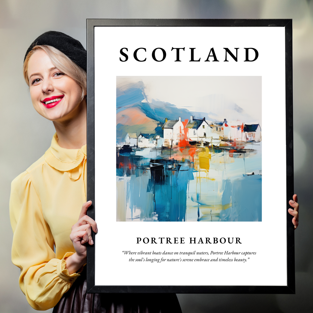 Person holding a poster of Portree Harbour