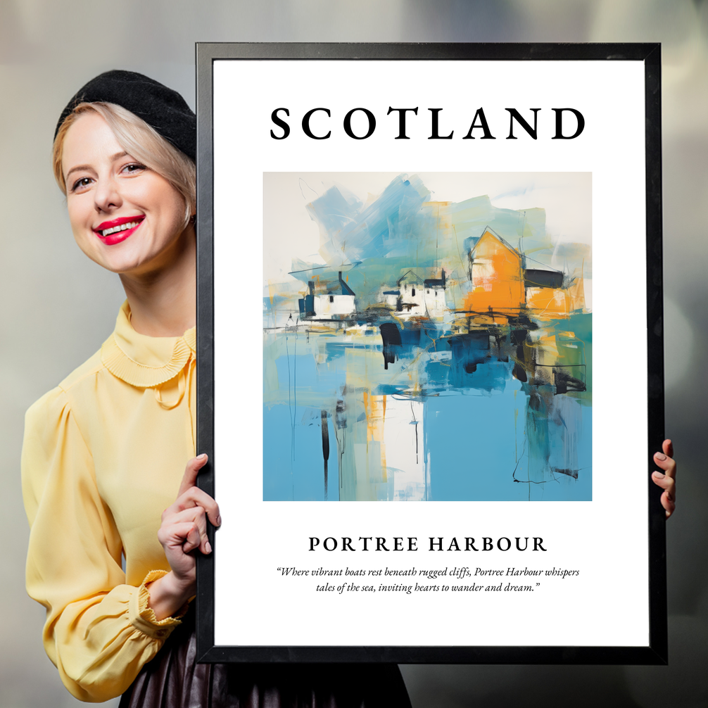 Person holding a poster of Portree Harbour