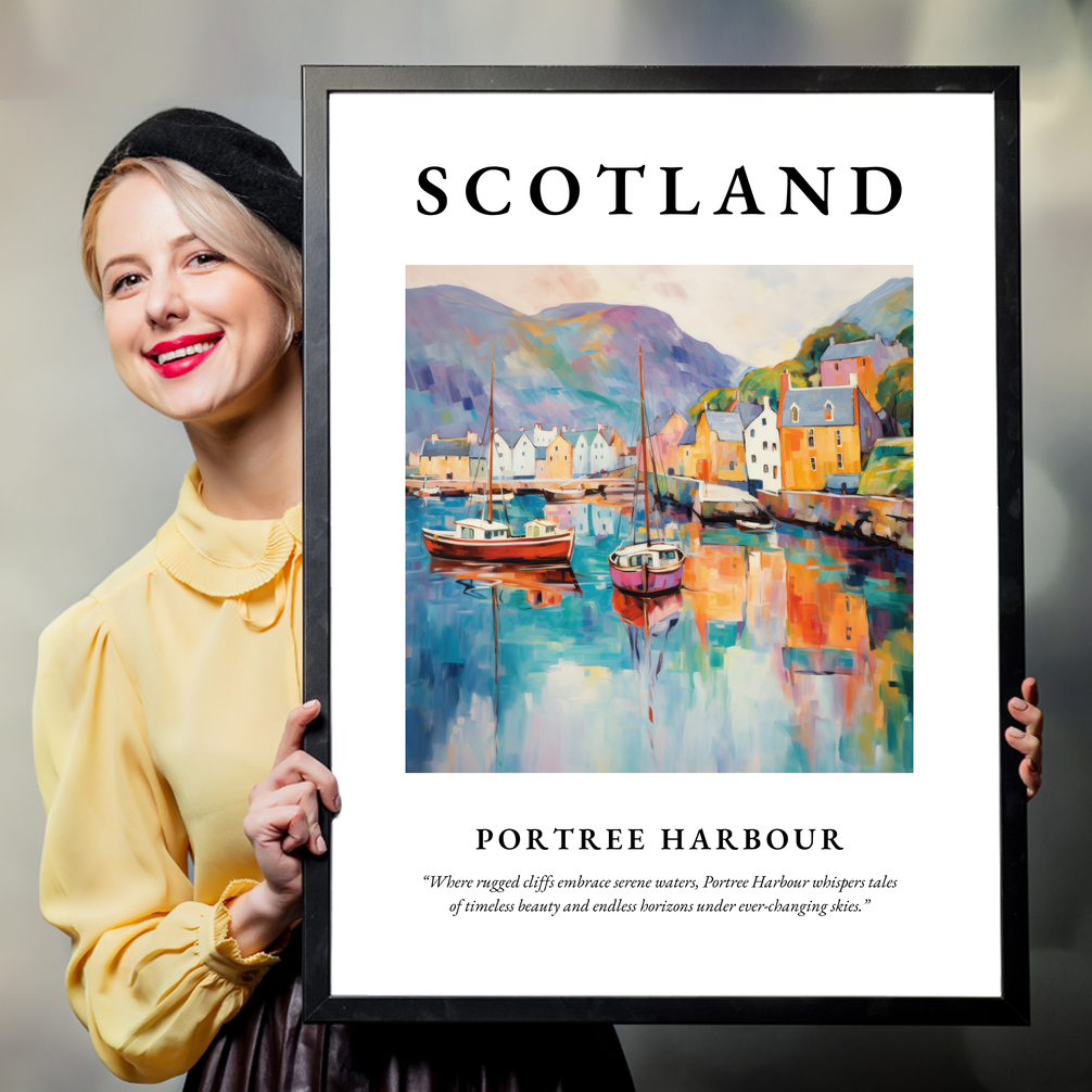 Person holding a poster of Portree Harbour