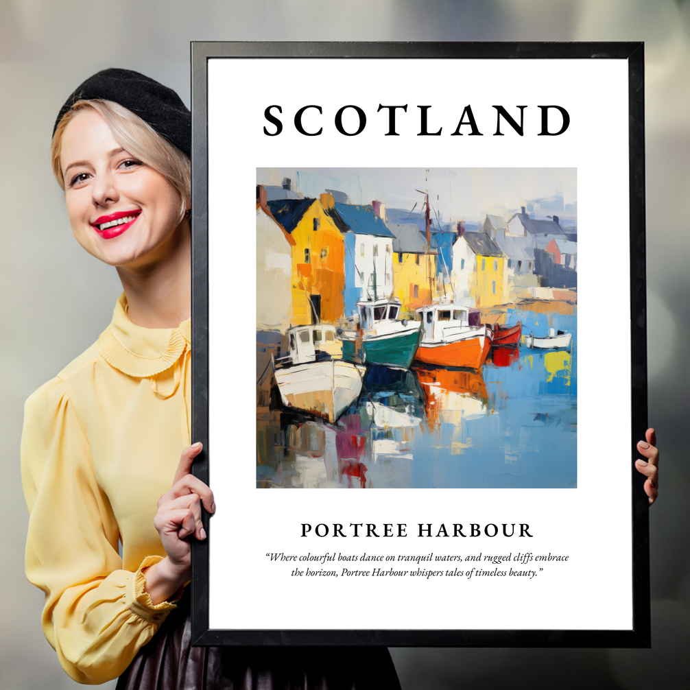 Person holding a poster of Portree Harbour