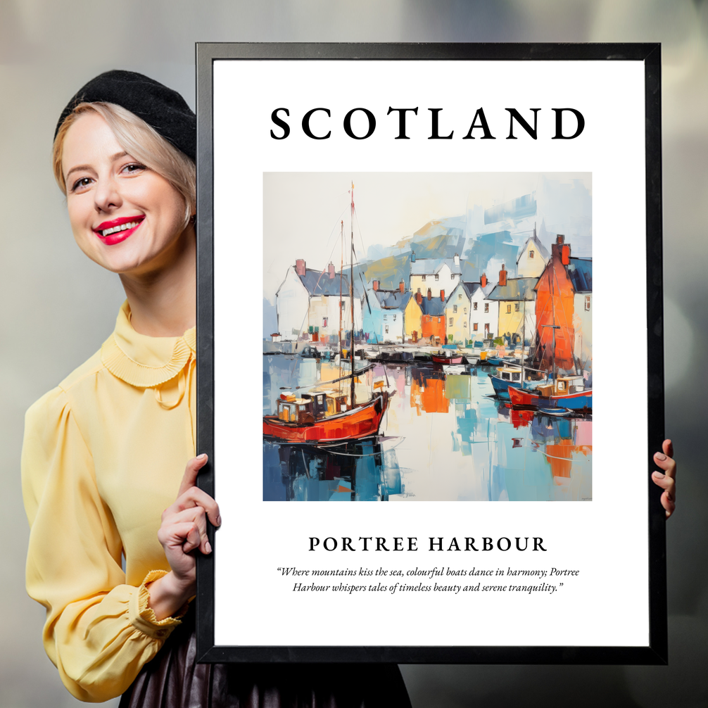 Person holding a poster of Portree Harbour