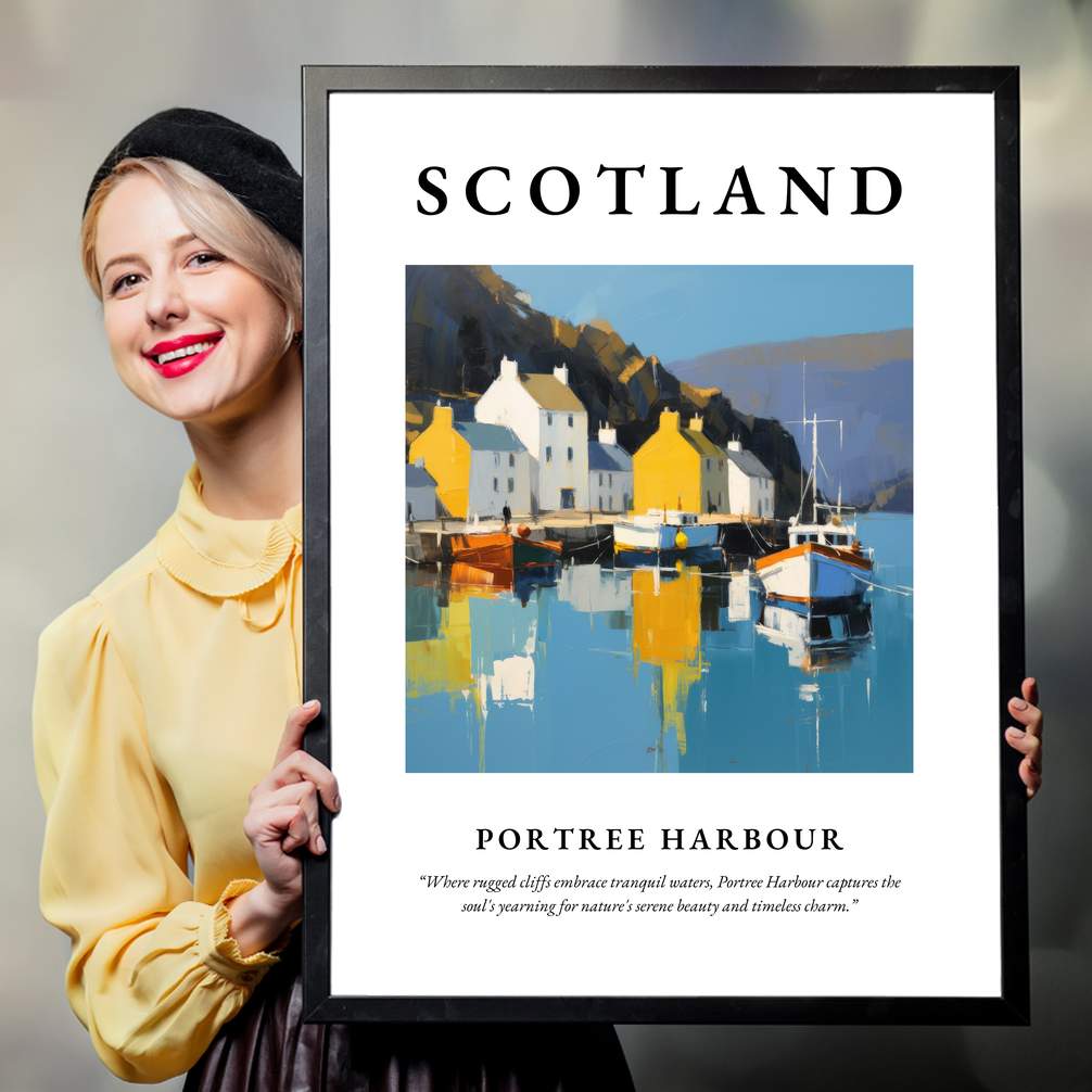 Person holding a poster of Portree Harbour