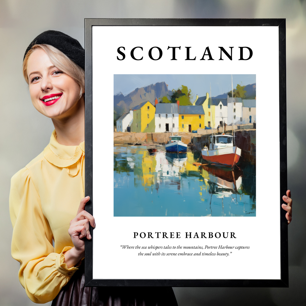 Person holding a poster of Portree Harbour