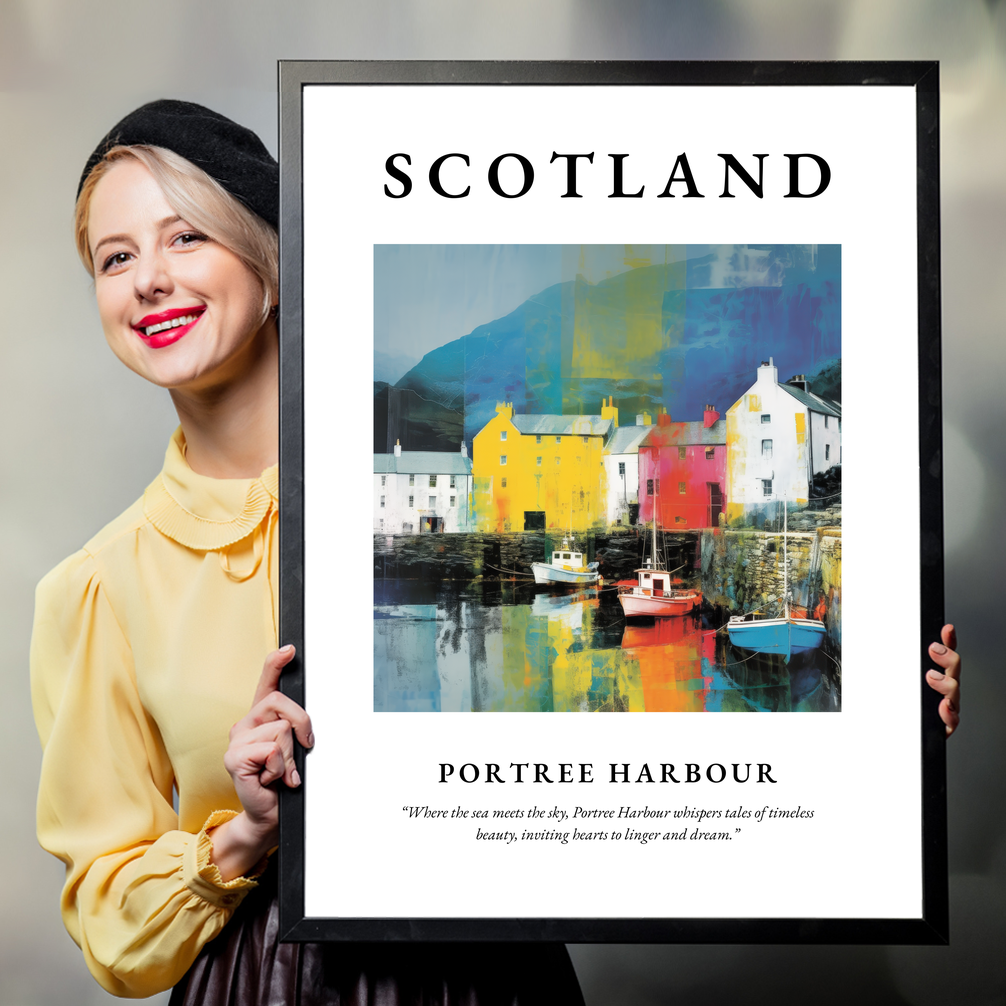 Person holding a poster of Portree Harbour