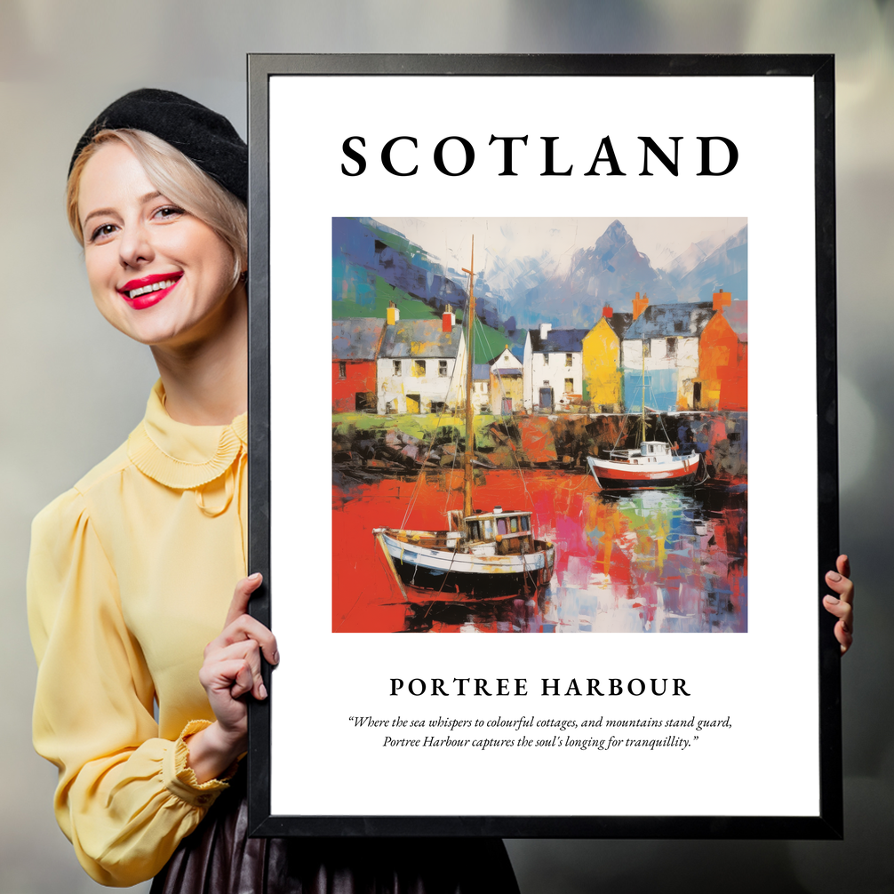 Person holding a poster of Portree Harbour