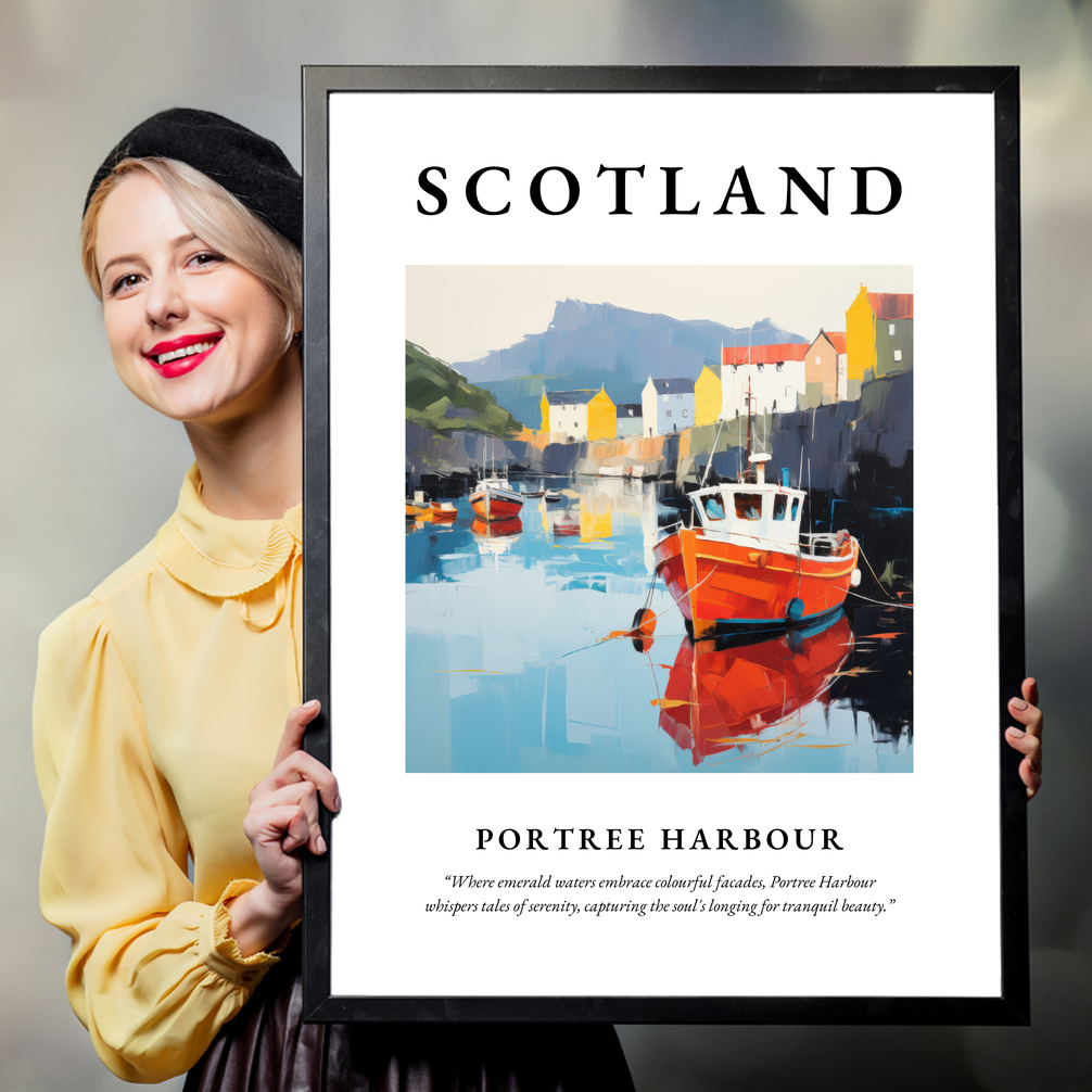 Person holding a poster of Portree Harbour