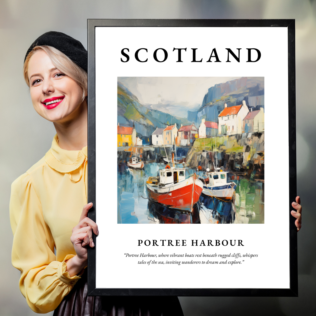 Person holding a poster of Portree Harbour