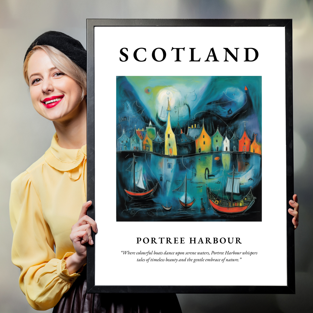 Person holding a poster of Portree Harbour