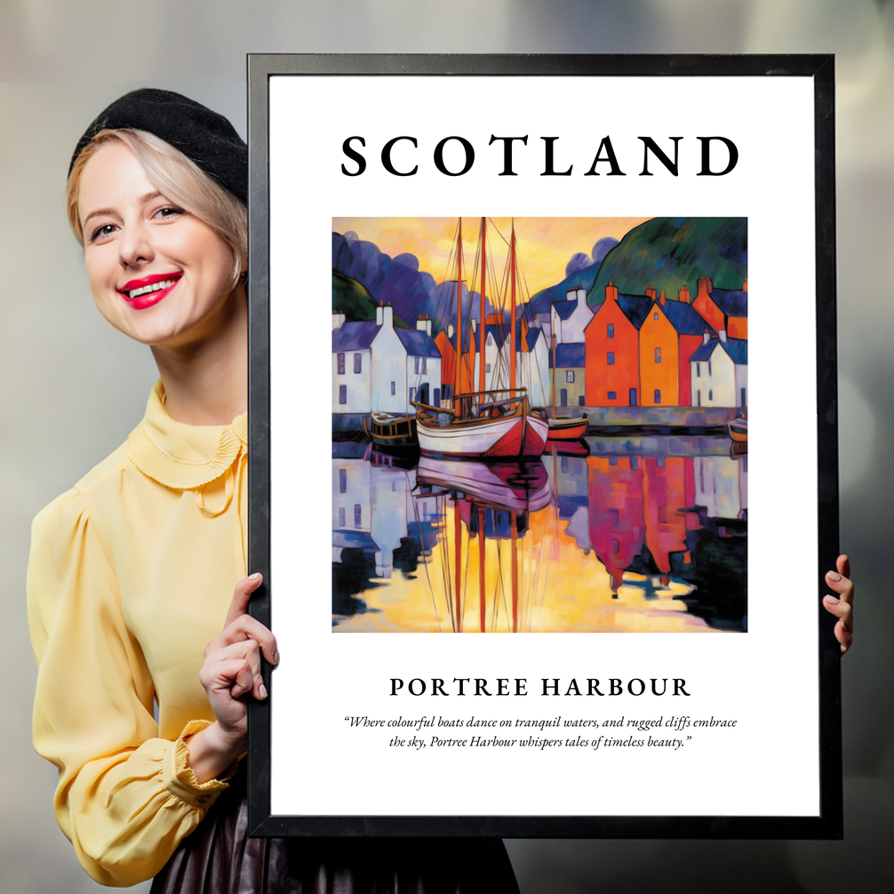 Person holding a poster of Portree Harbour