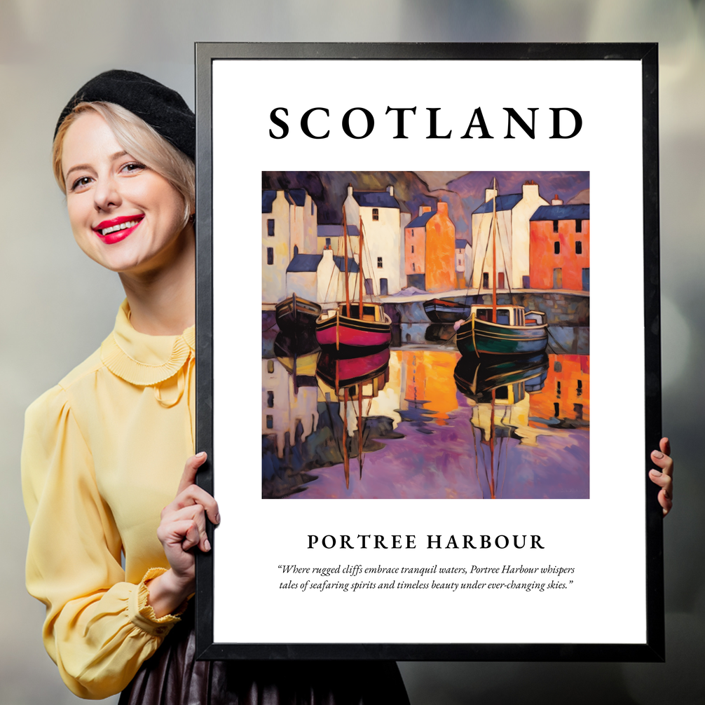 Person holding a poster of Portree Harbour