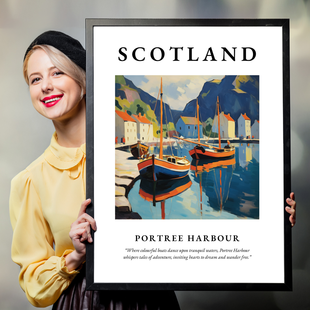 Person holding a poster of Portree Harbour