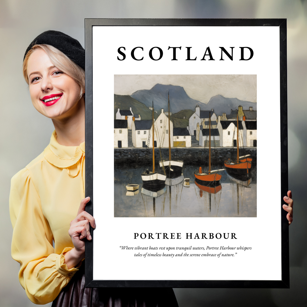 Person holding a poster of Portree Harbour