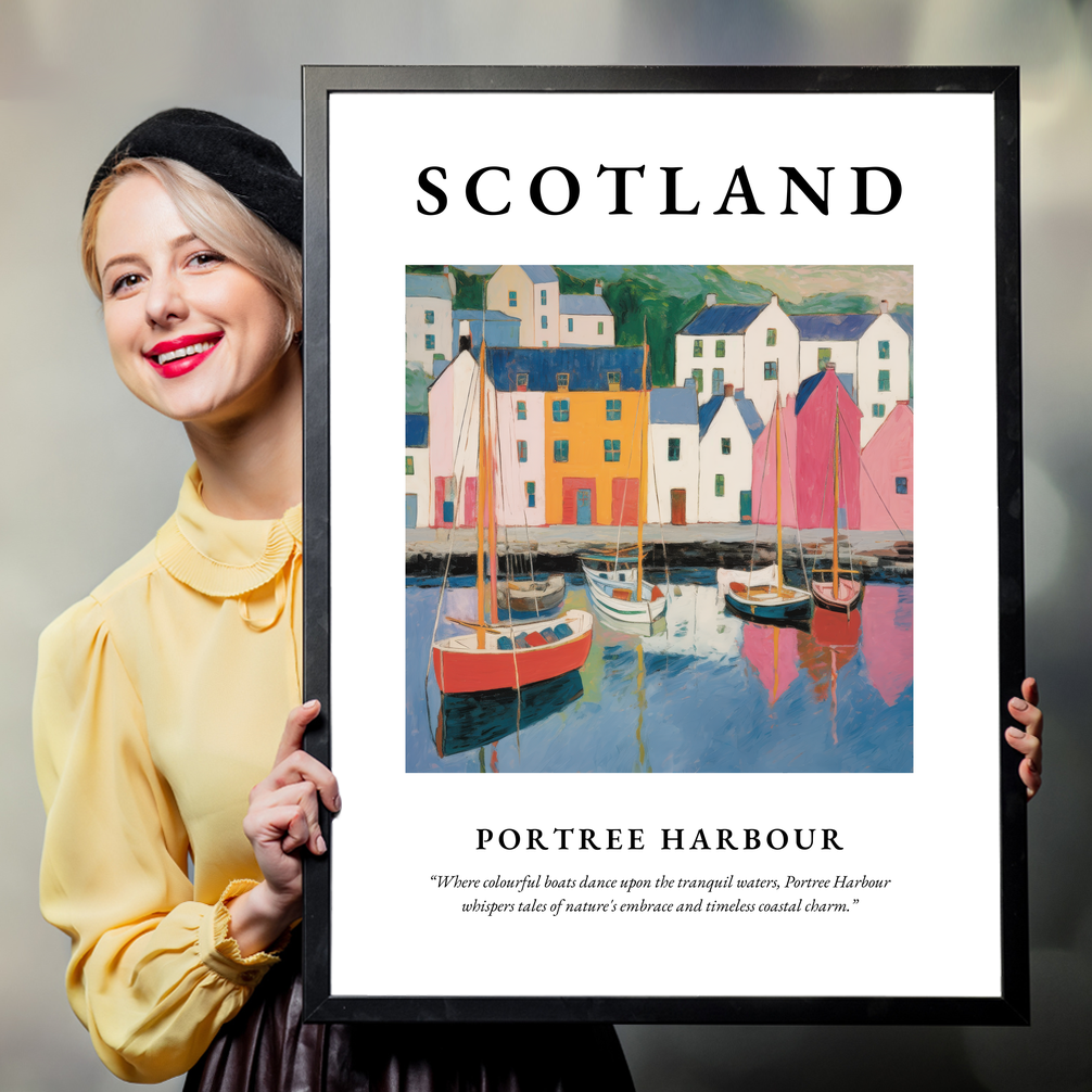 Person holding a poster of Portree Harbour