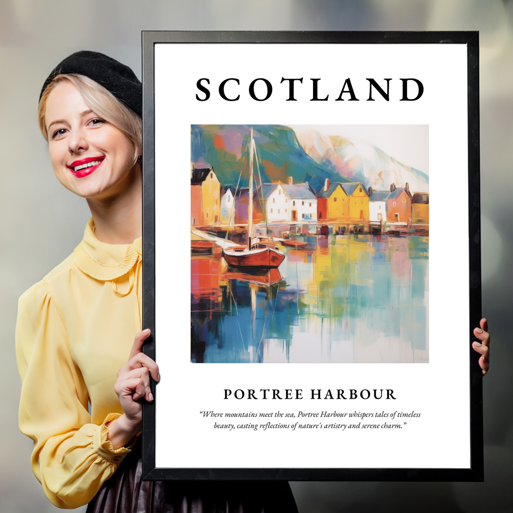 Person holding a poster of Portree Harbour