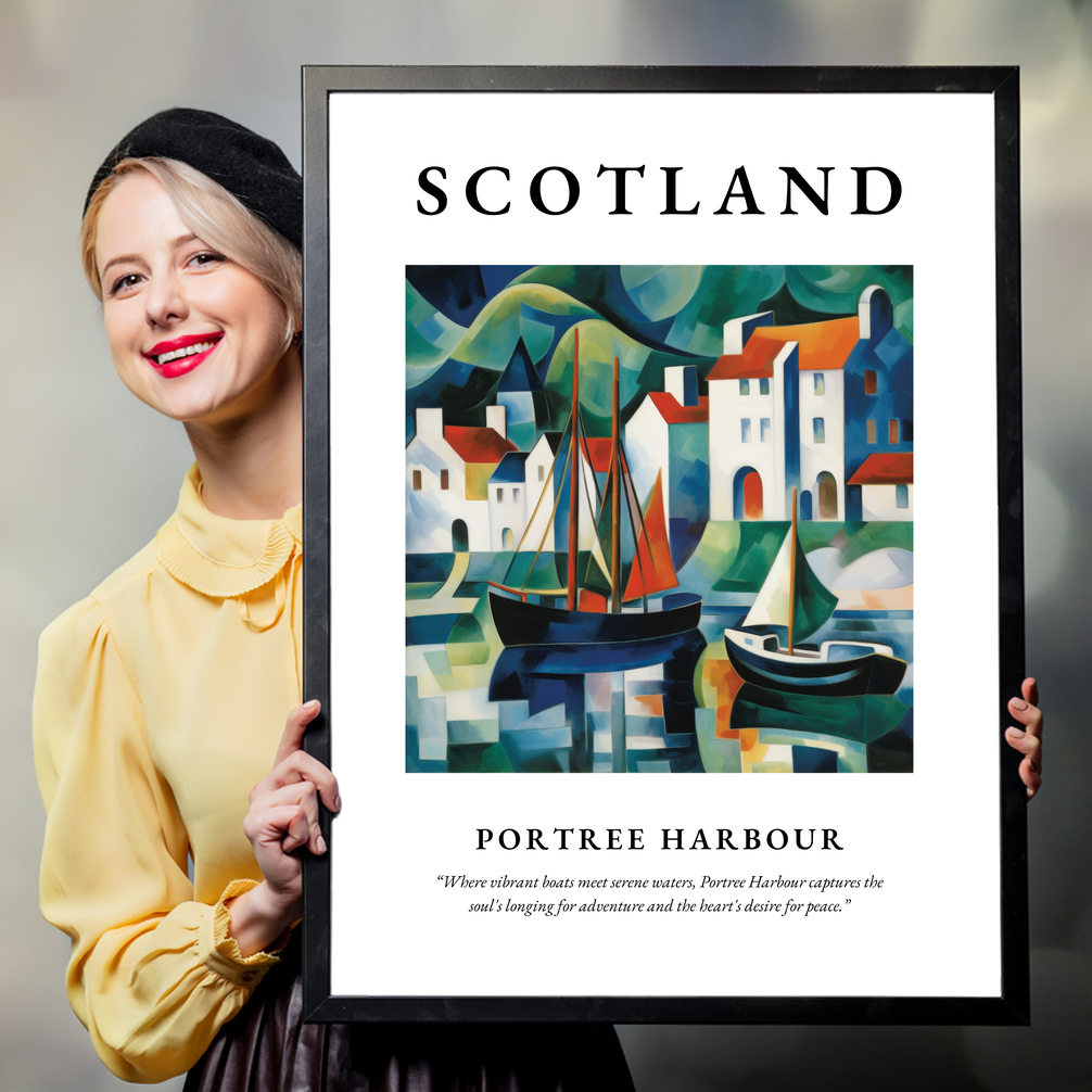 Person holding a poster of Portree Harbour