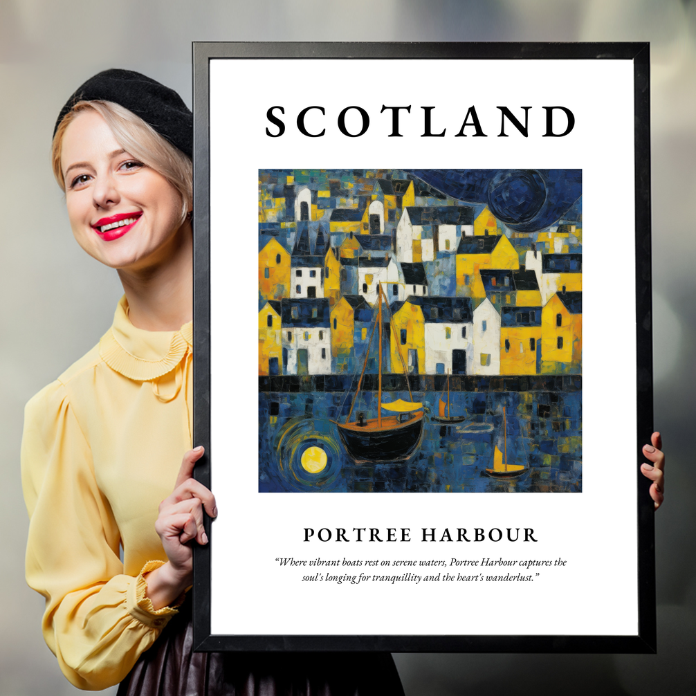 Person holding a poster of Portree Harbour