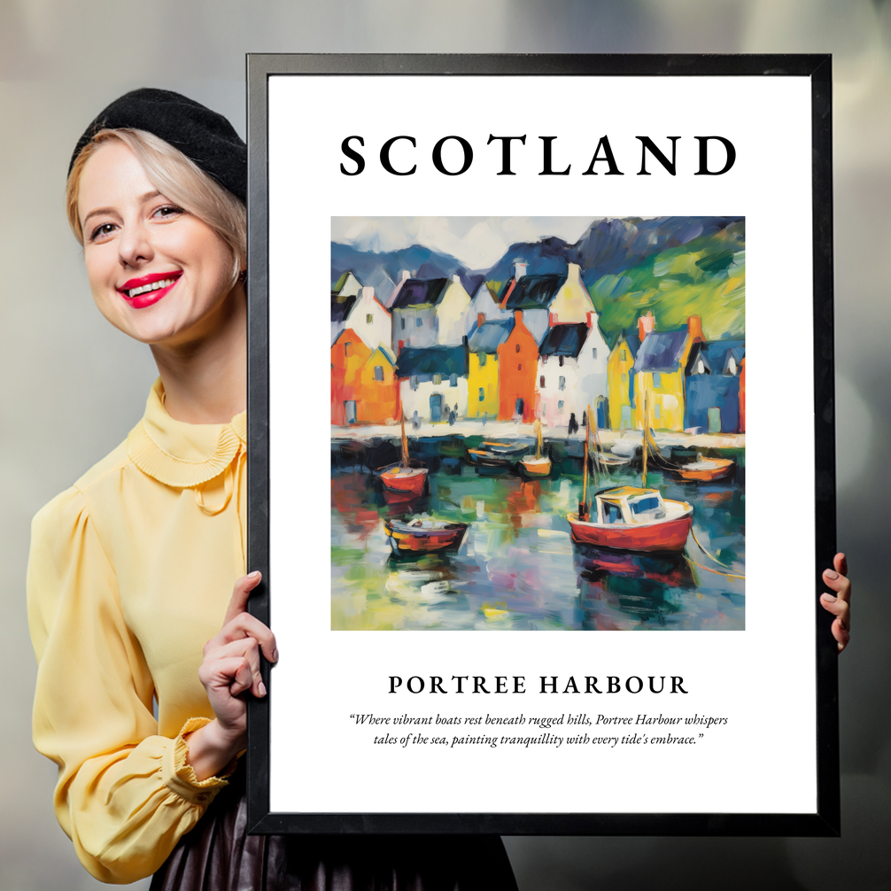 Person holding a poster of Portree Harbour