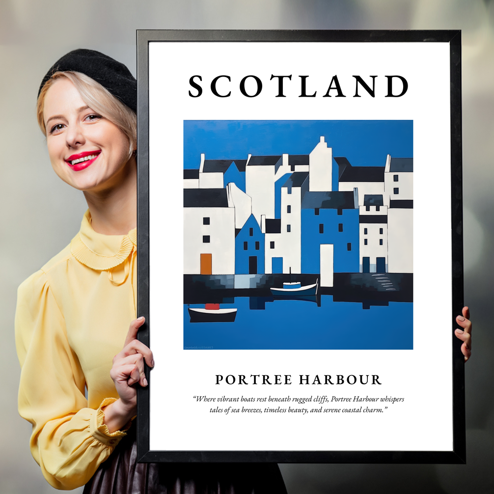 Person holding a poster of Portree Harbour