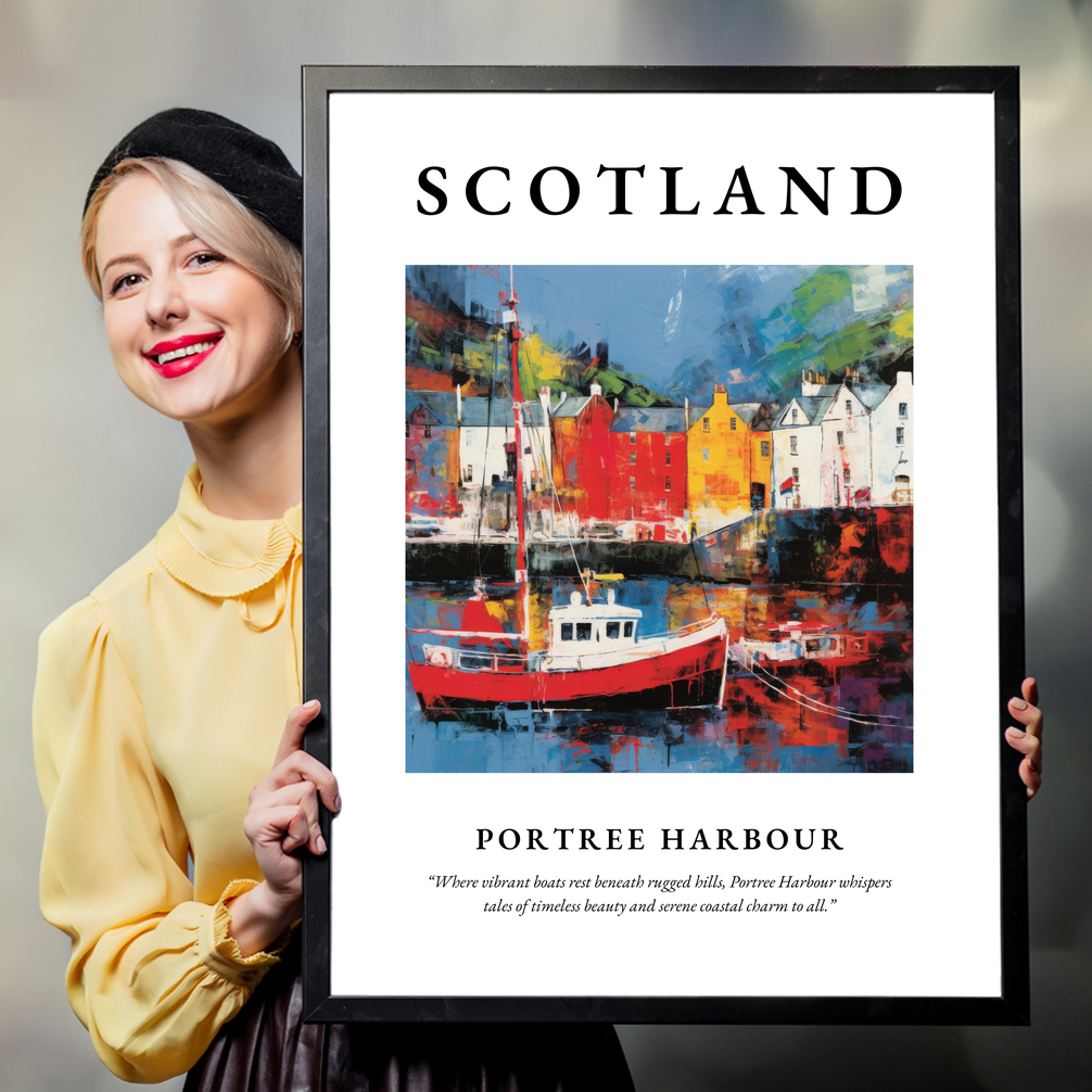 Person holding a poster of Portree Harbour