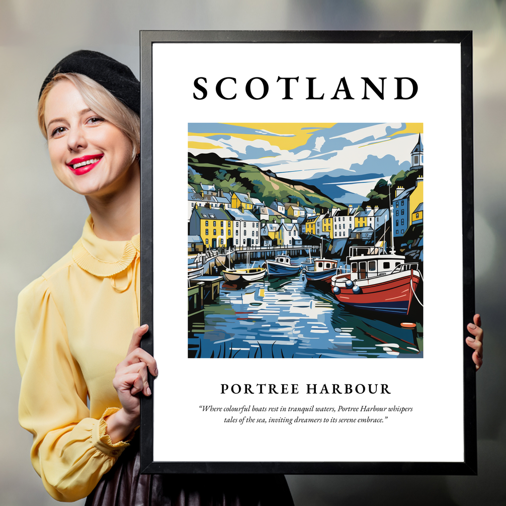 Person holding a poster of Portree Harbour