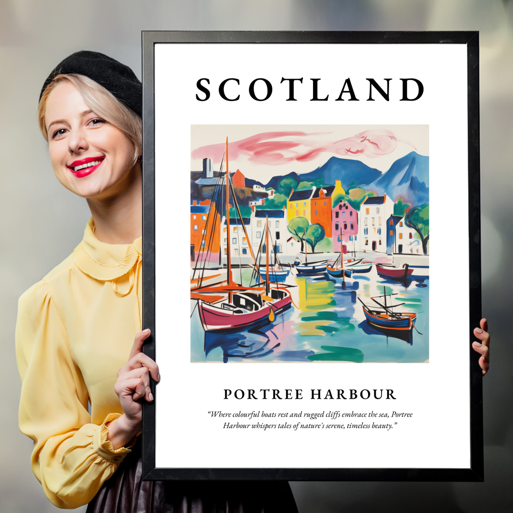 Person holding a poster of Portree Harbour