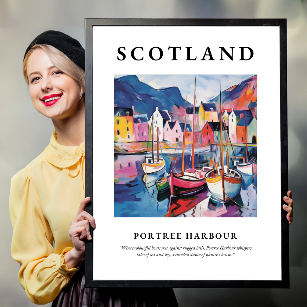 Person holding a poster of Portree Harbour