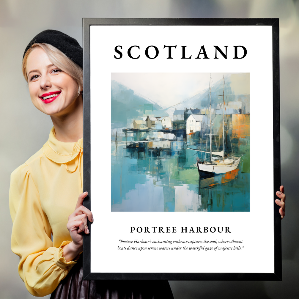 Person holding a poster of Portree Harbour