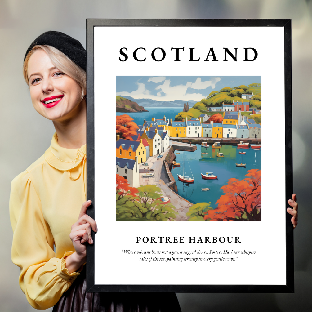 Person holding a poster of Portree Harbour