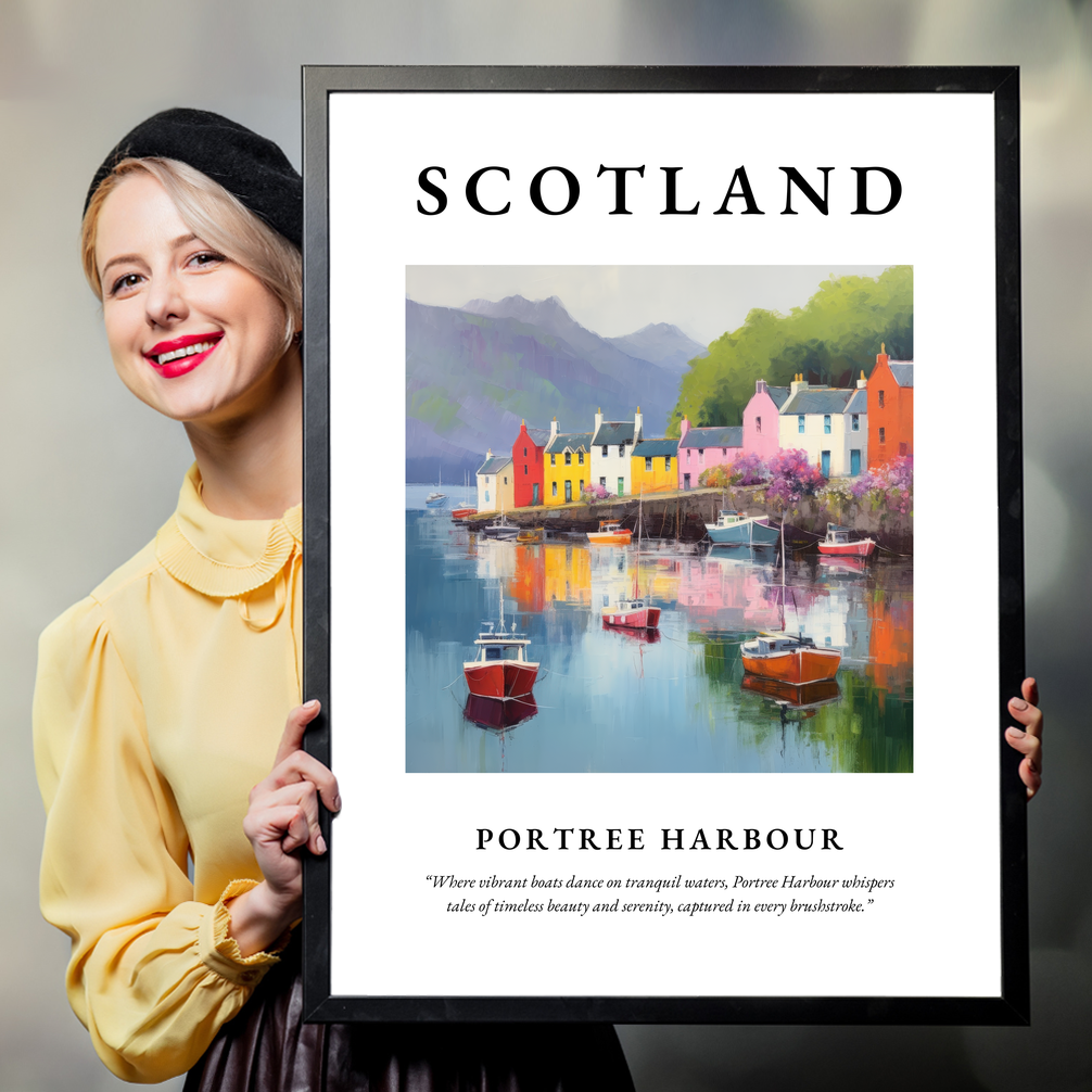 Person holding a poster of Portree Harbour