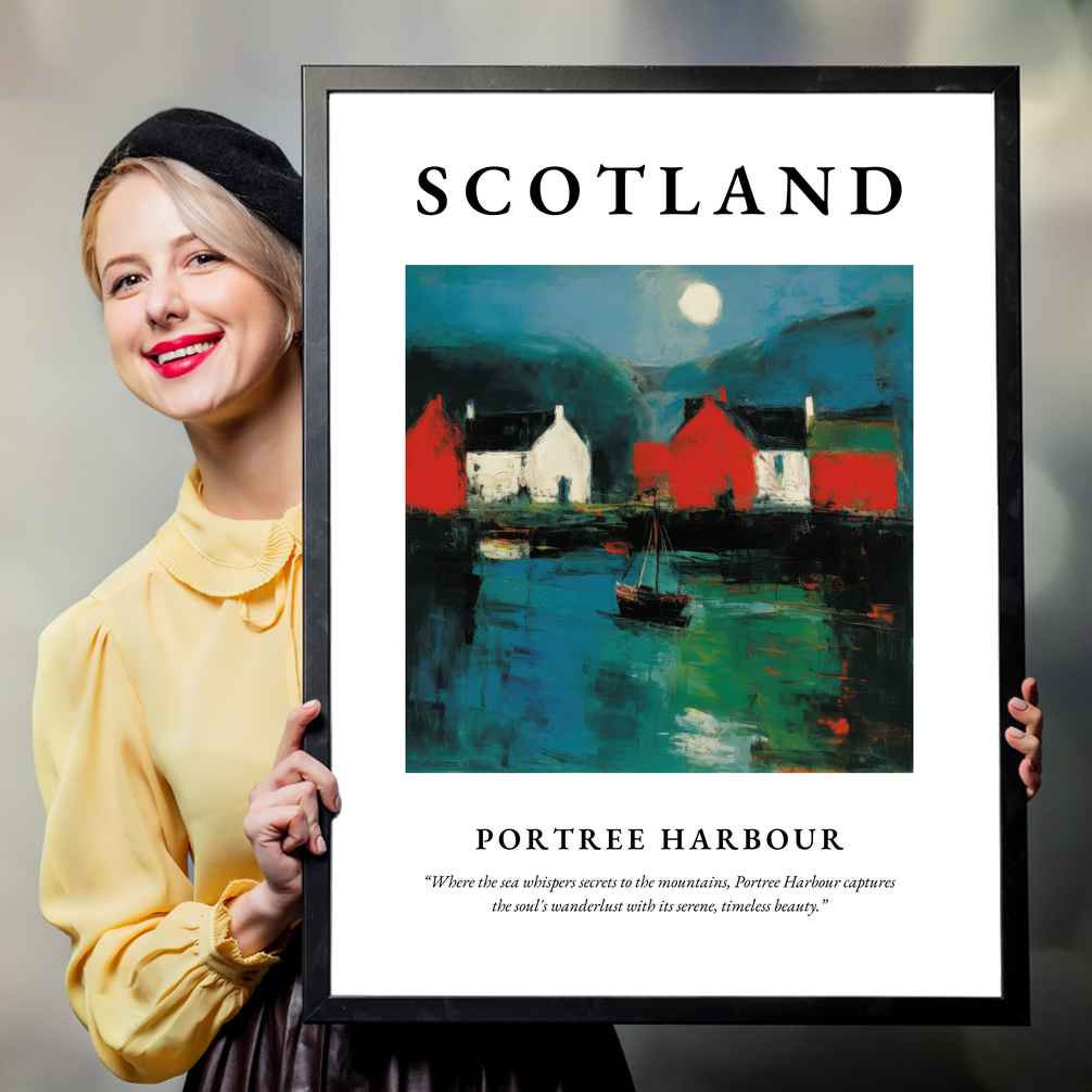 Person holding a poster of Portree Harbour