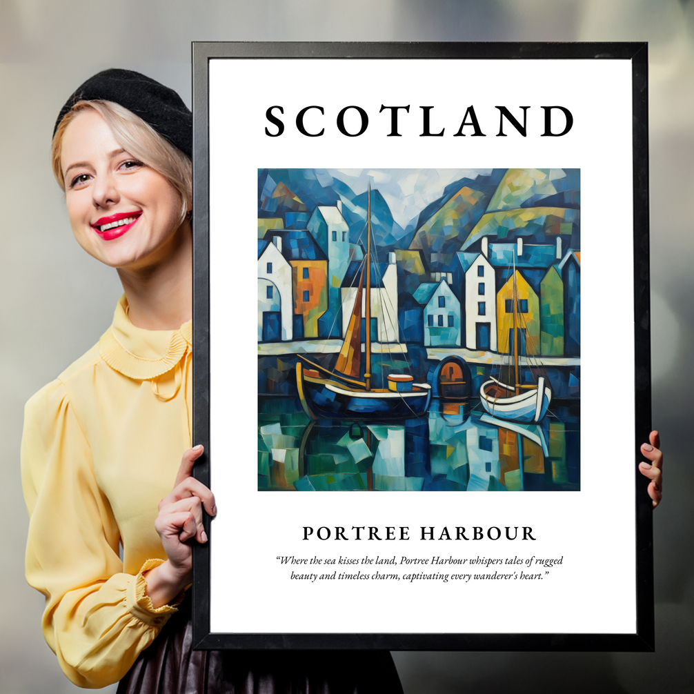 Person holding a poster of Portree Harbour