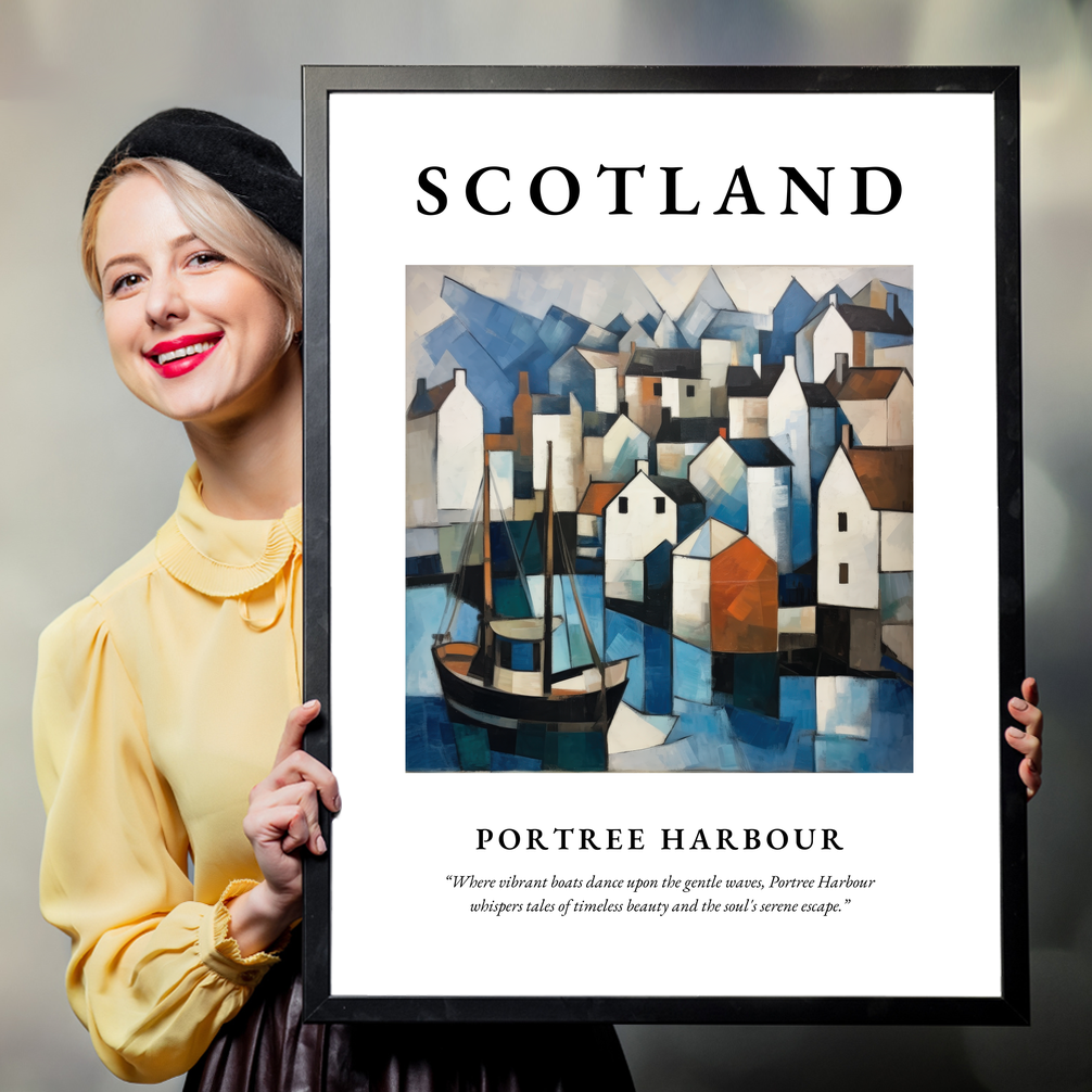 Person holding a poster of Portree Harbour