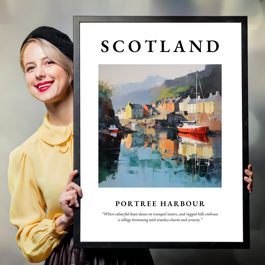 Person holding a poster of Portree Harbour