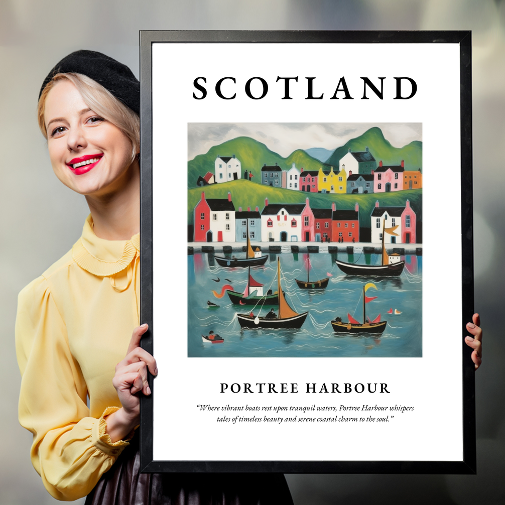 Person holding a poster of Portree Harbour