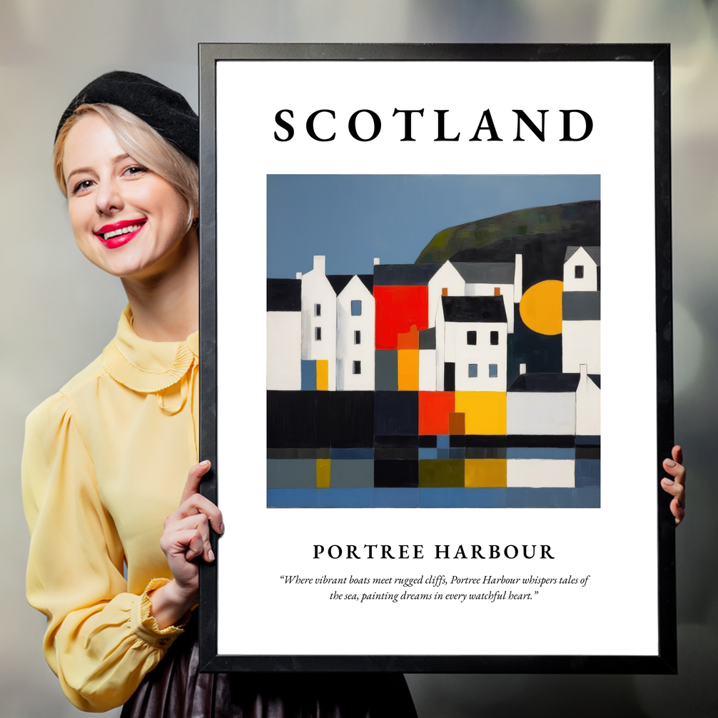 Person holding a poster of Portree Harbour