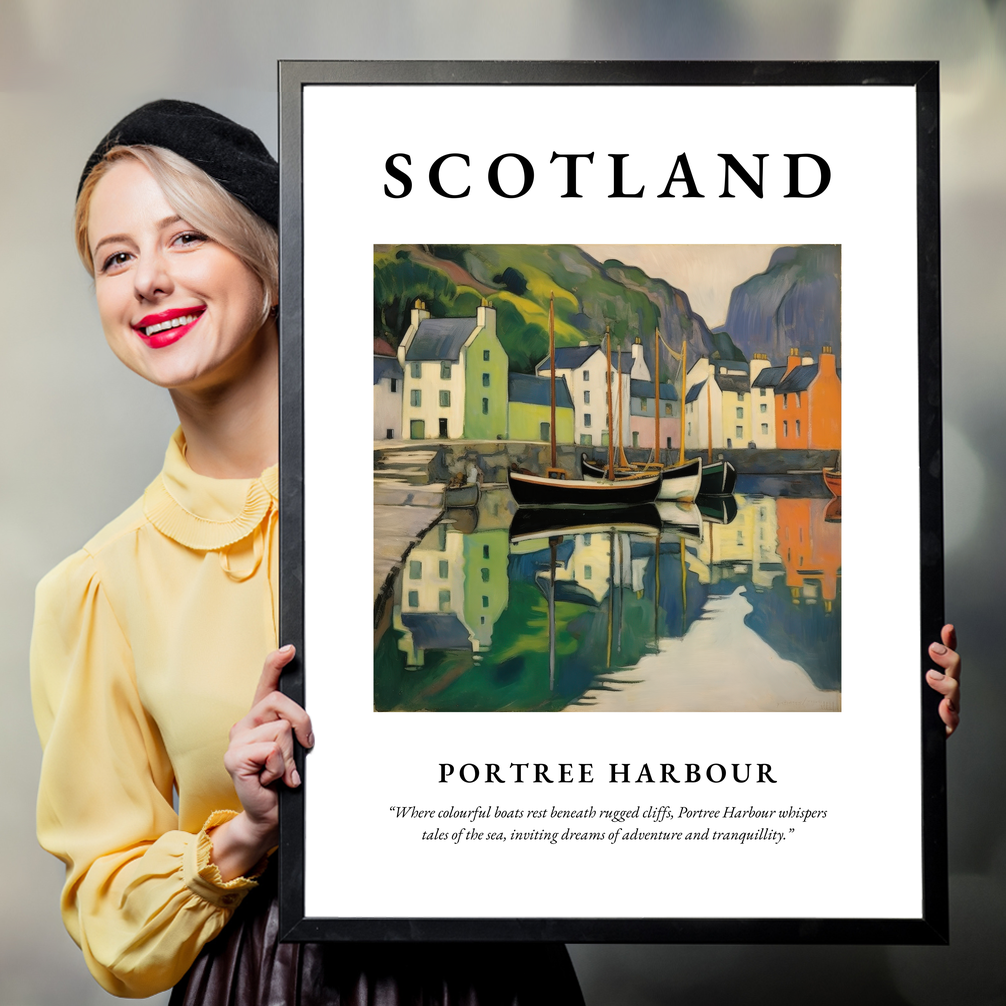 Person holding a poster of Portree Harbour