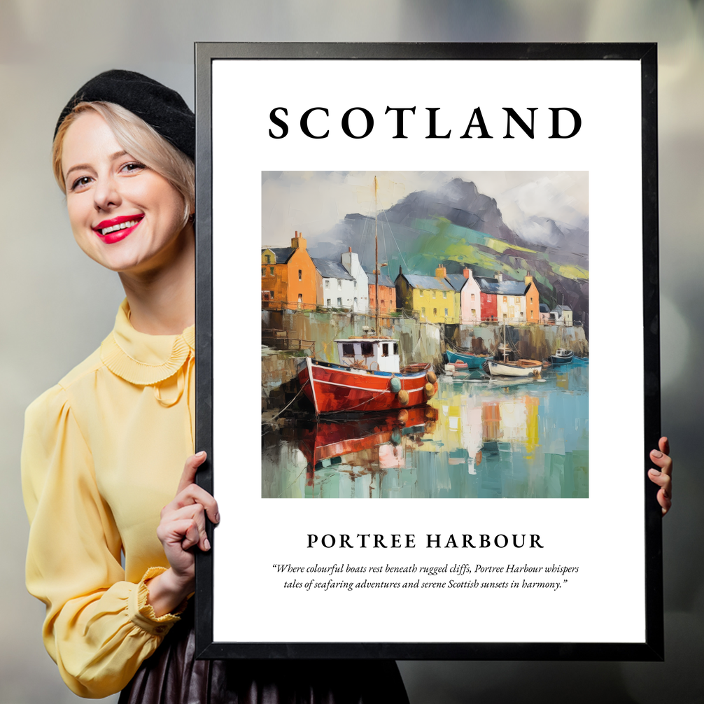 Person holding a poster of Portree Harbour