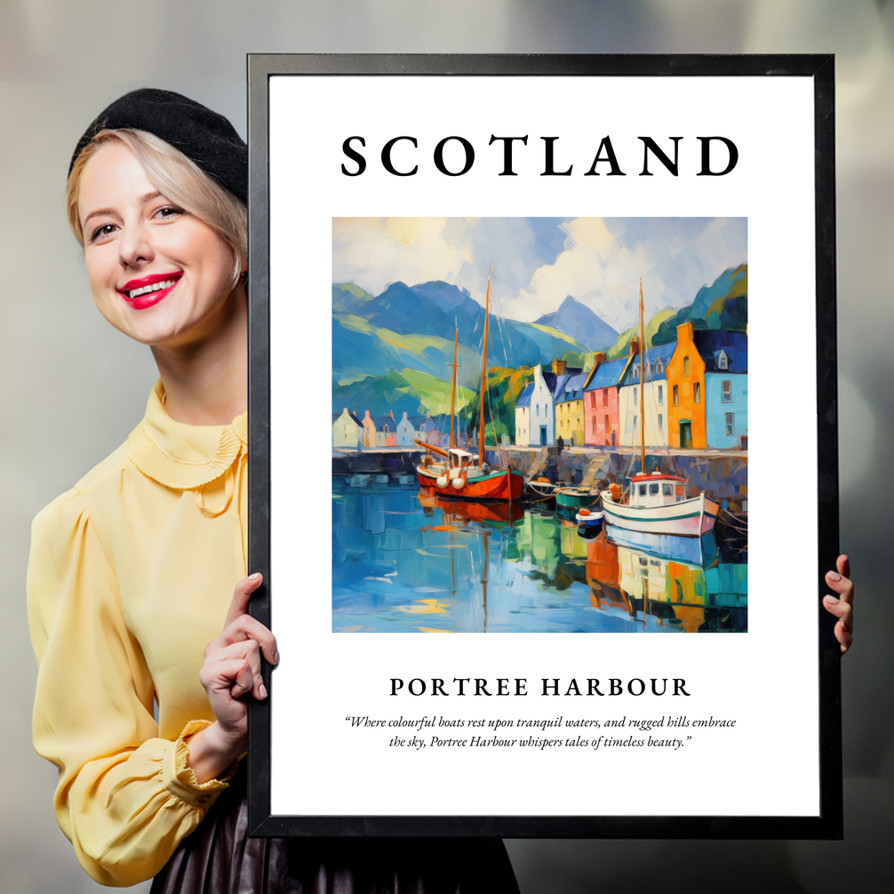 Person holding a poster of Portree Harbour