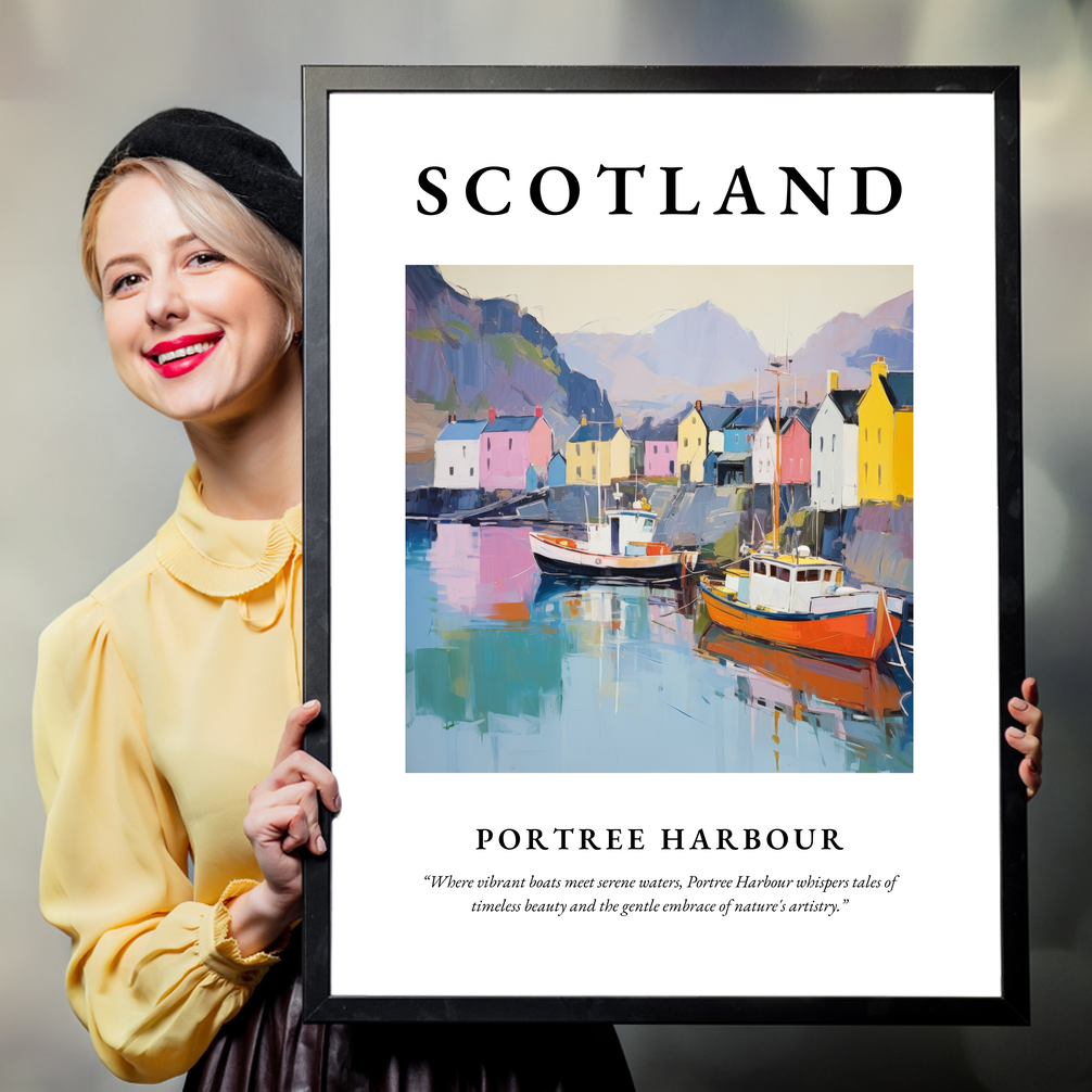 Person holding a poster of Portree Harbour